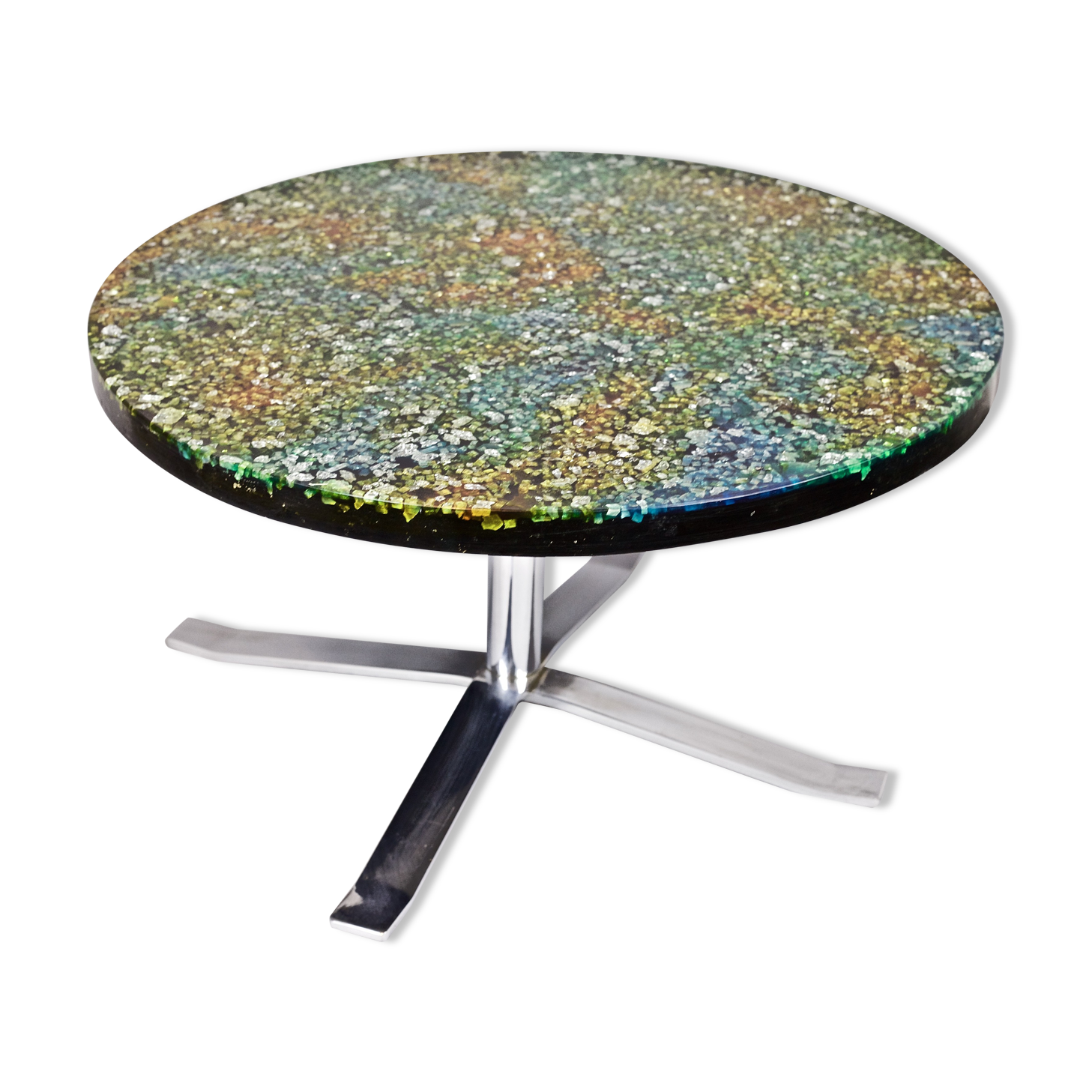 Table low round of Pierre Giraudon resin with inclusions of glass 60 years