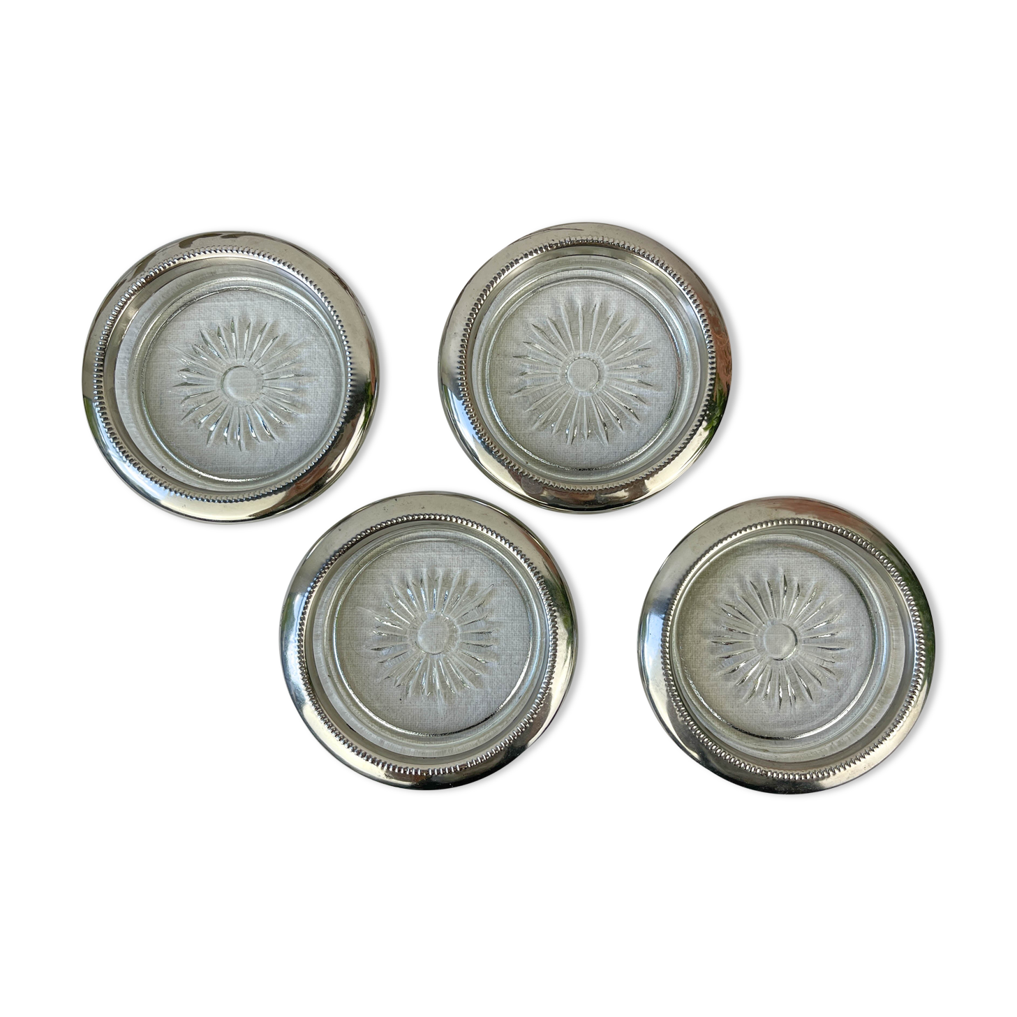 4 vintage glass coasters in glass and silver metal Leonard Silverplate style