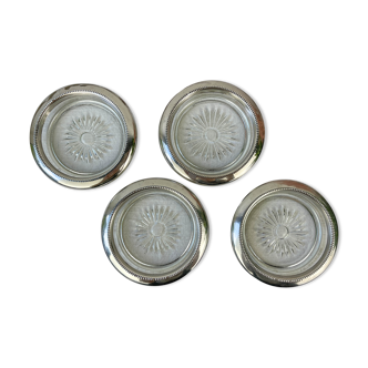 4 vintage glass coasters in glass and silver metal Leonard Silverplate style
