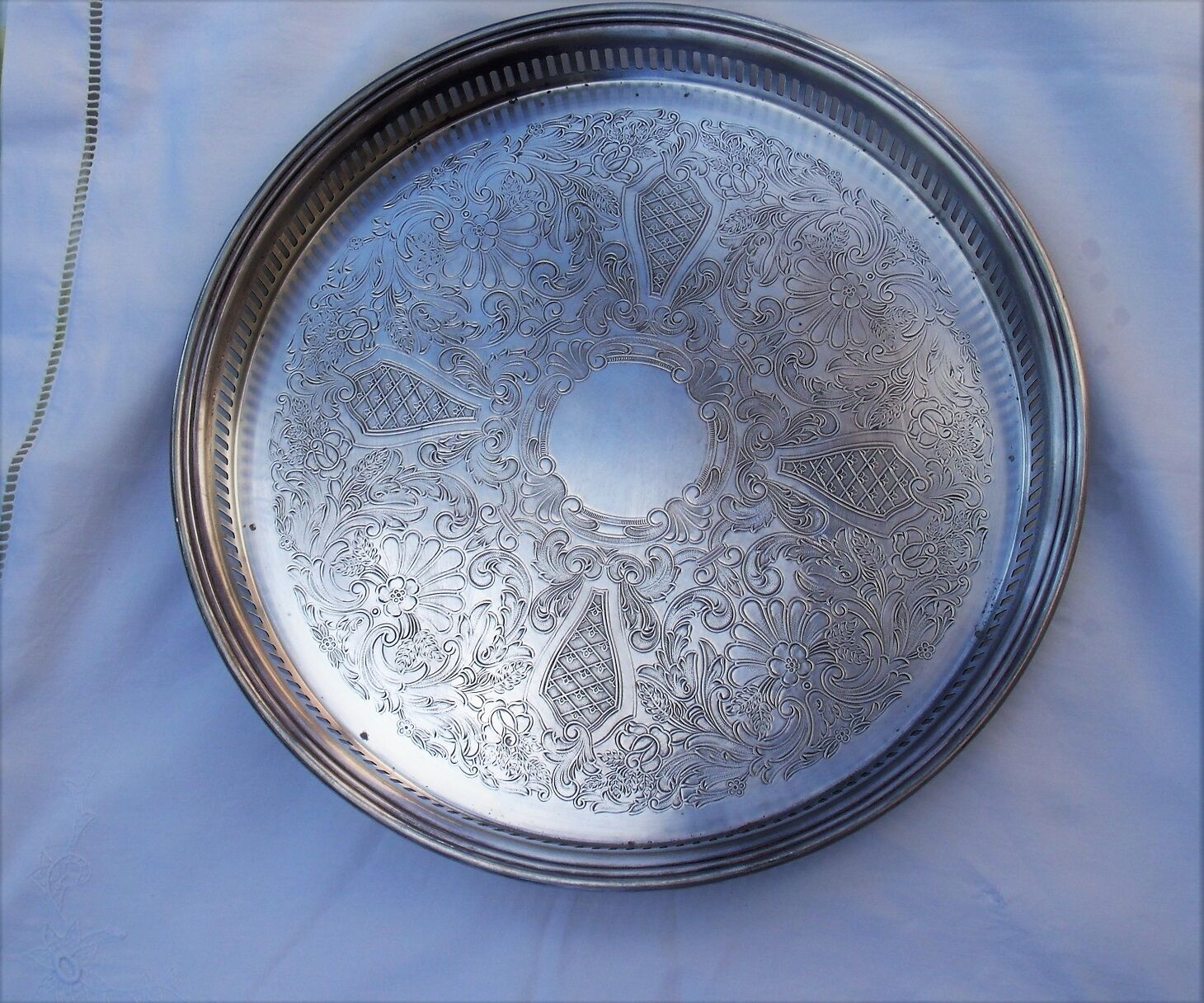 Silver metal serving tray brand flagship openwork border
