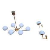 Vintage lighting set: 6 globe pendant + 2 brass wall lights