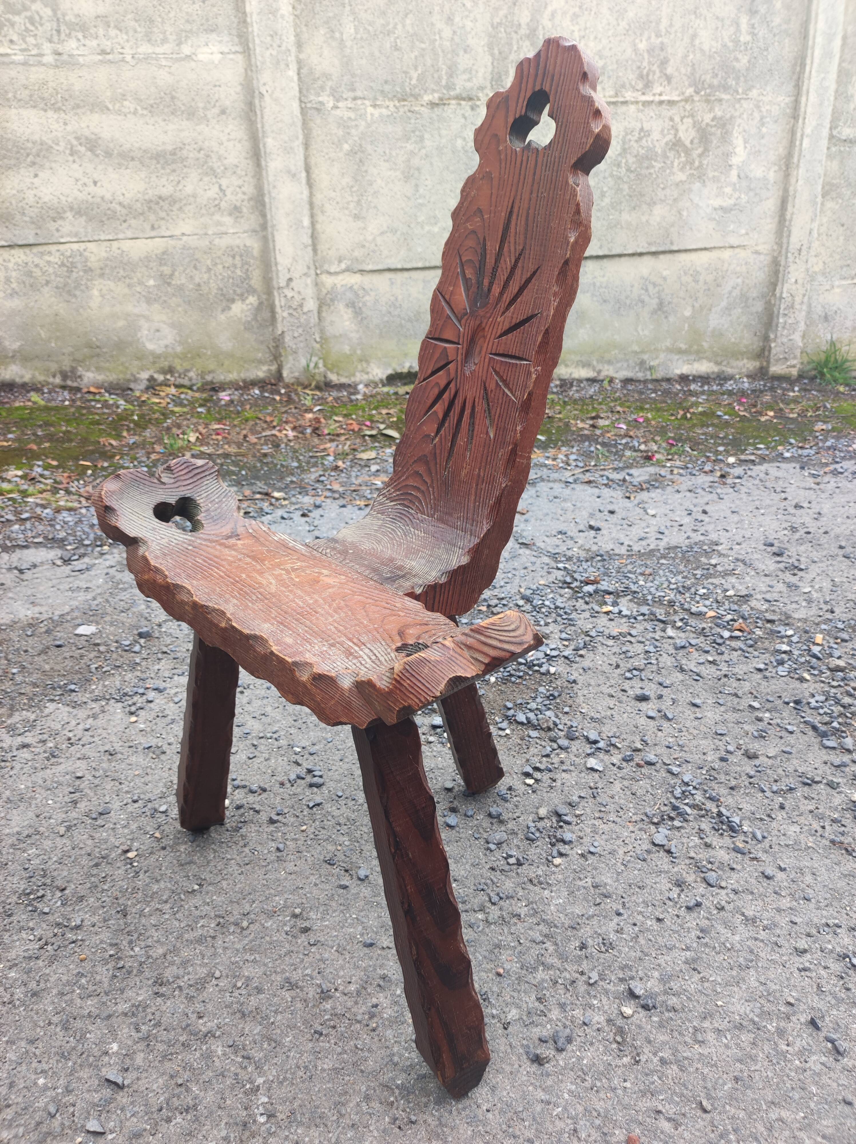 Brutalist carved wood tripod chair stool