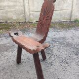 Brutalist carved wood tripod chair stool