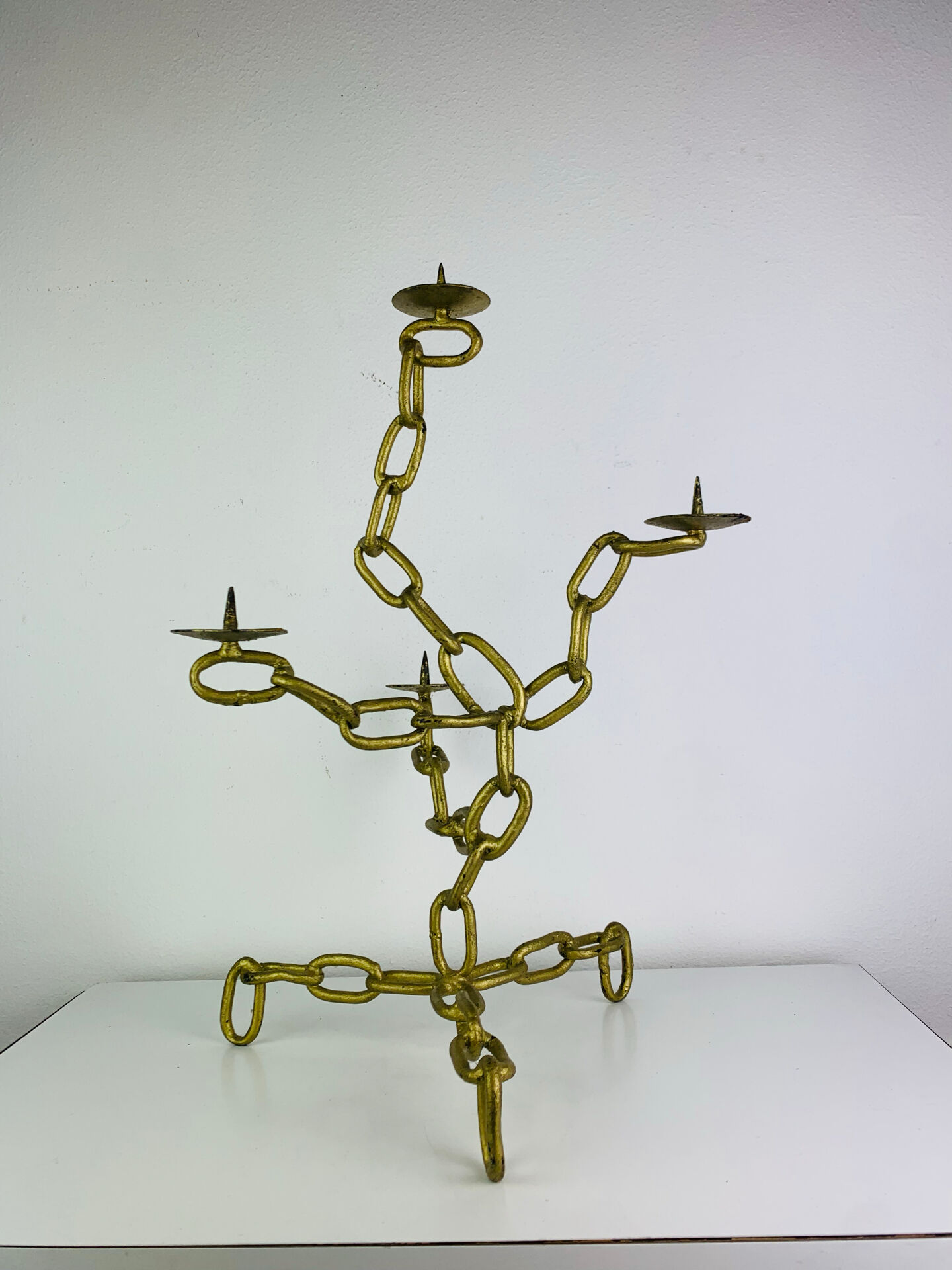 Brutalist candle holder, wrought iron, chain links, gold patina.