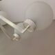 Six-light chrome metal chandelier and opaque glass globes / vintage 60s and 70s