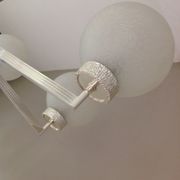 Six-light chrome metal chandelier and opaque glass globes / vintage 60s and 70s
