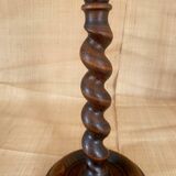 Turned wooden lamp base, fabric cable