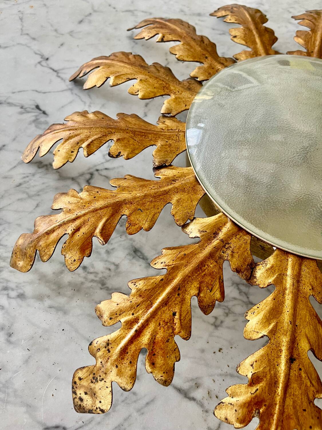 Golden sunburst ceiling chandelier with metal and glass, 1960s
