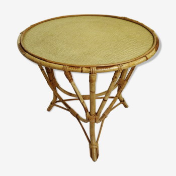 Table basse tripode en rotin 1970