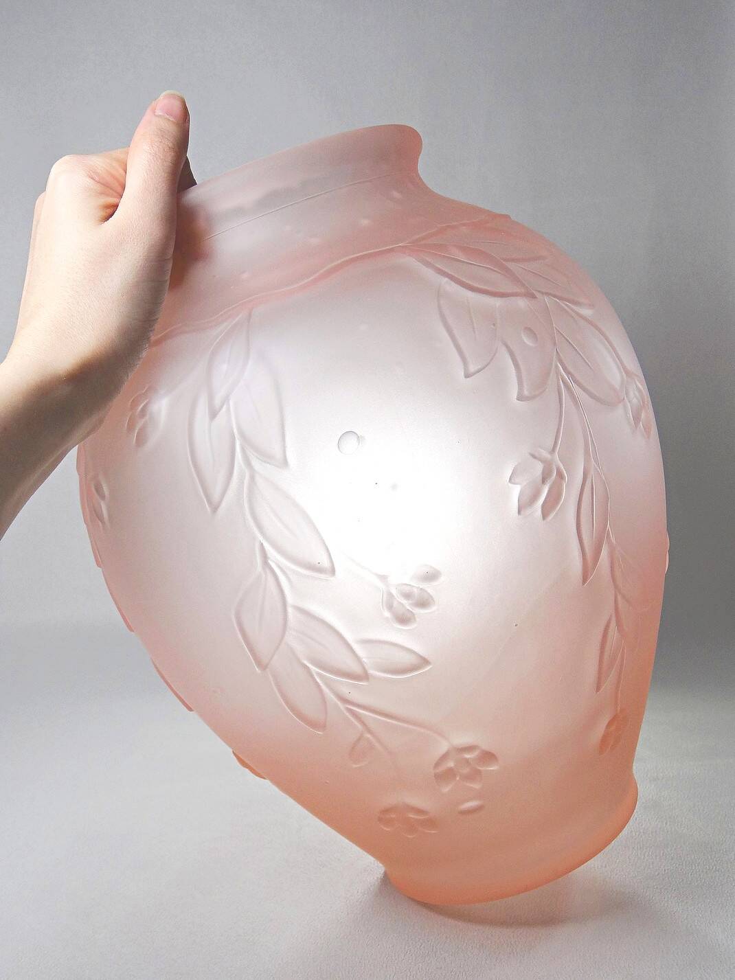 Large art deco style vase in molded/pressed pink glass paste