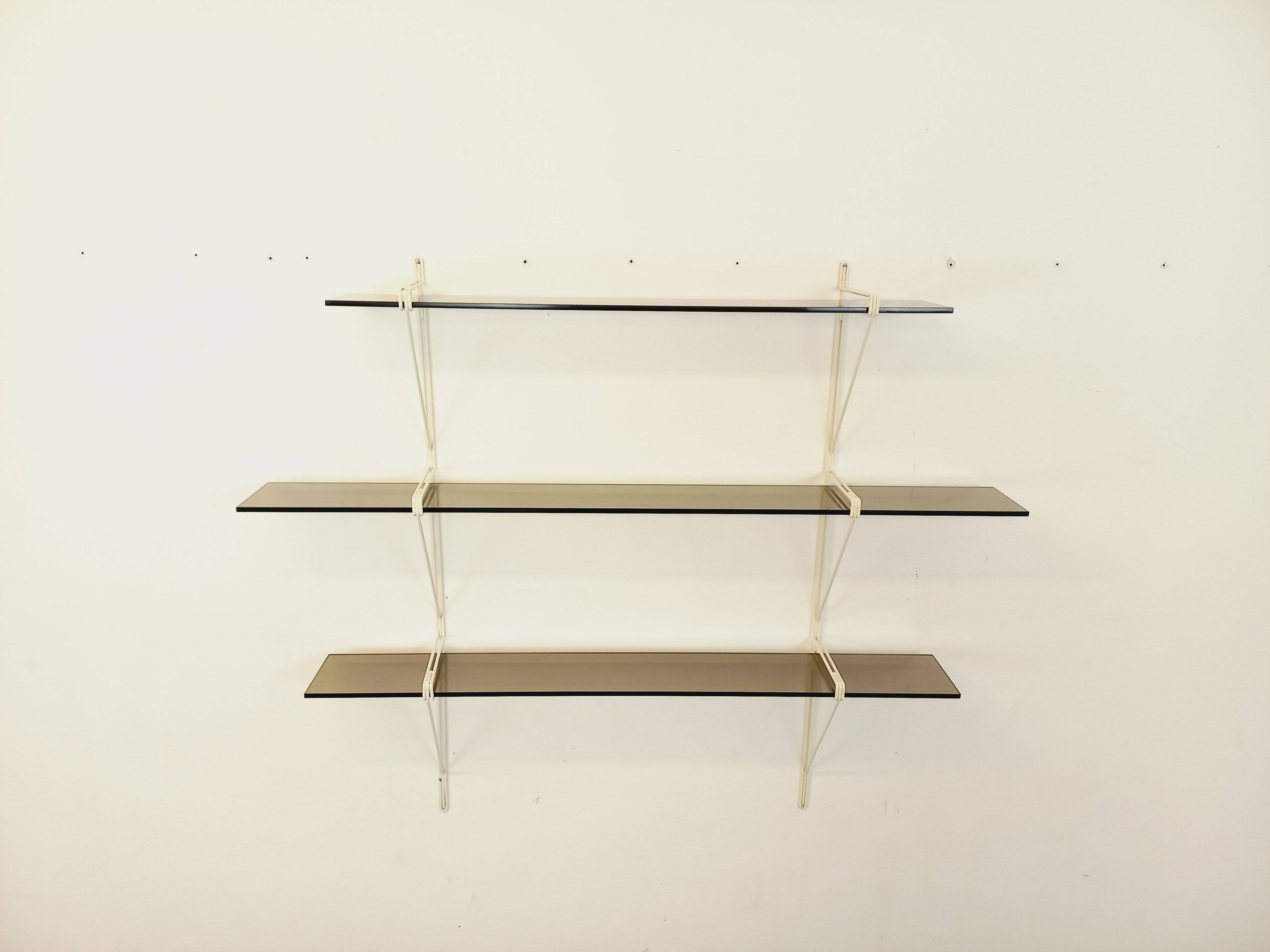 Large vintage wall shelf in smoked glass and white metal in String style.