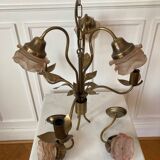 Set of chandelier and 2 wall lights in gold metal and glass roses