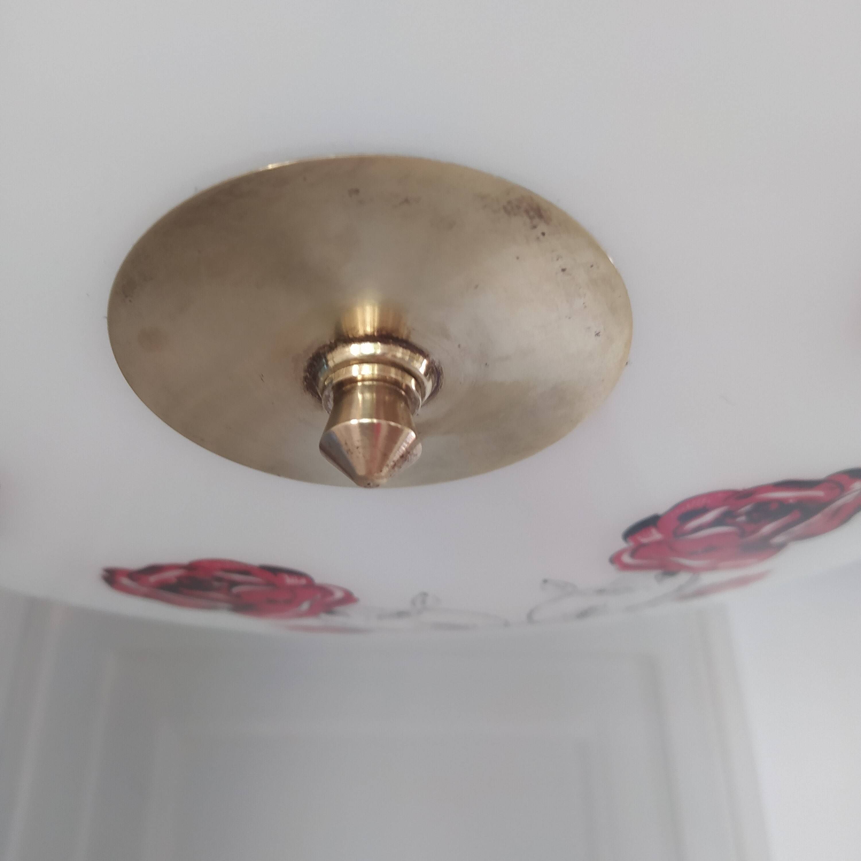 Vintage 1960s brass and glass pendant light with rose decor