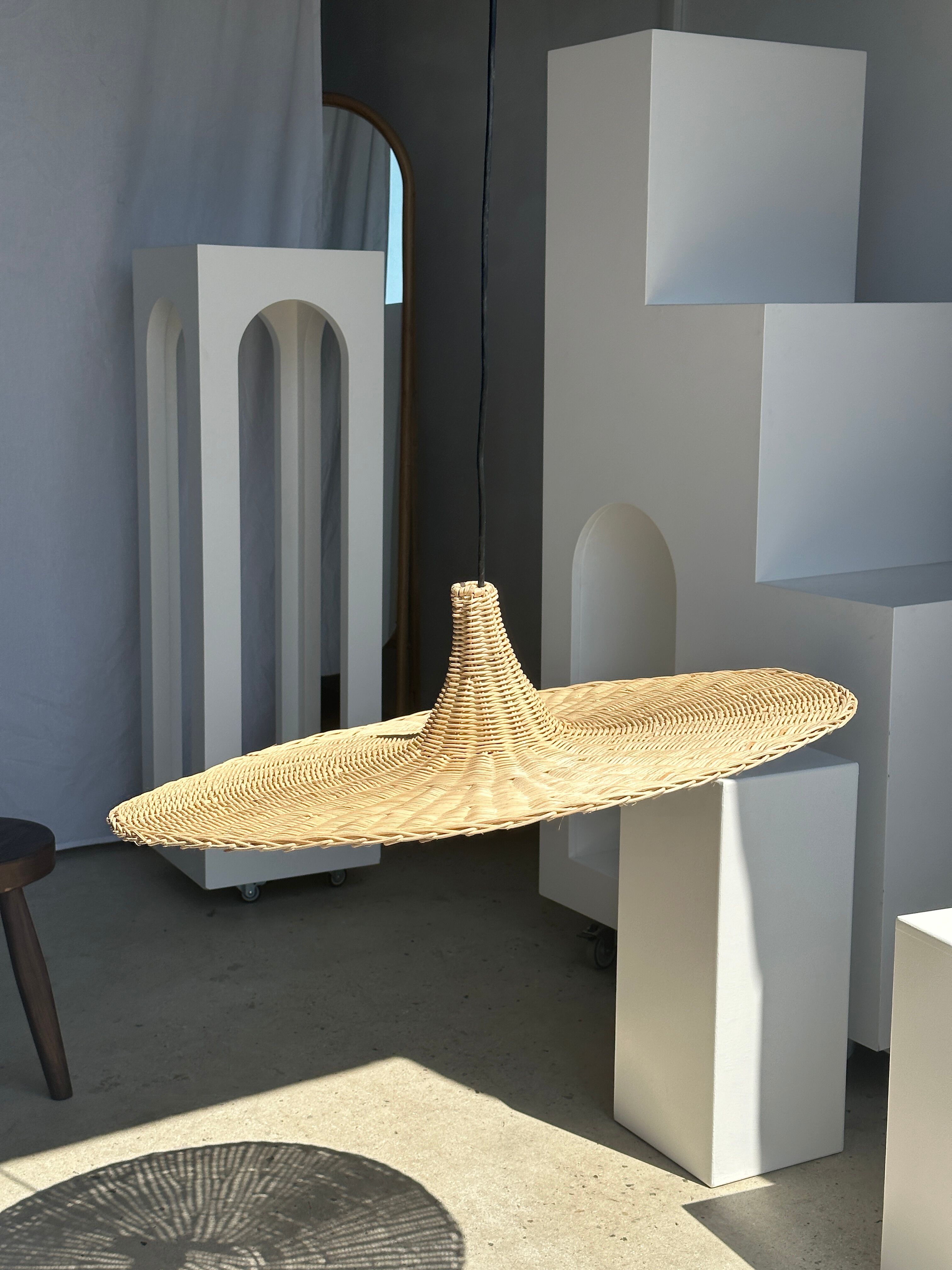 Large suspension, rattan luminaire in hat shape D:80cm