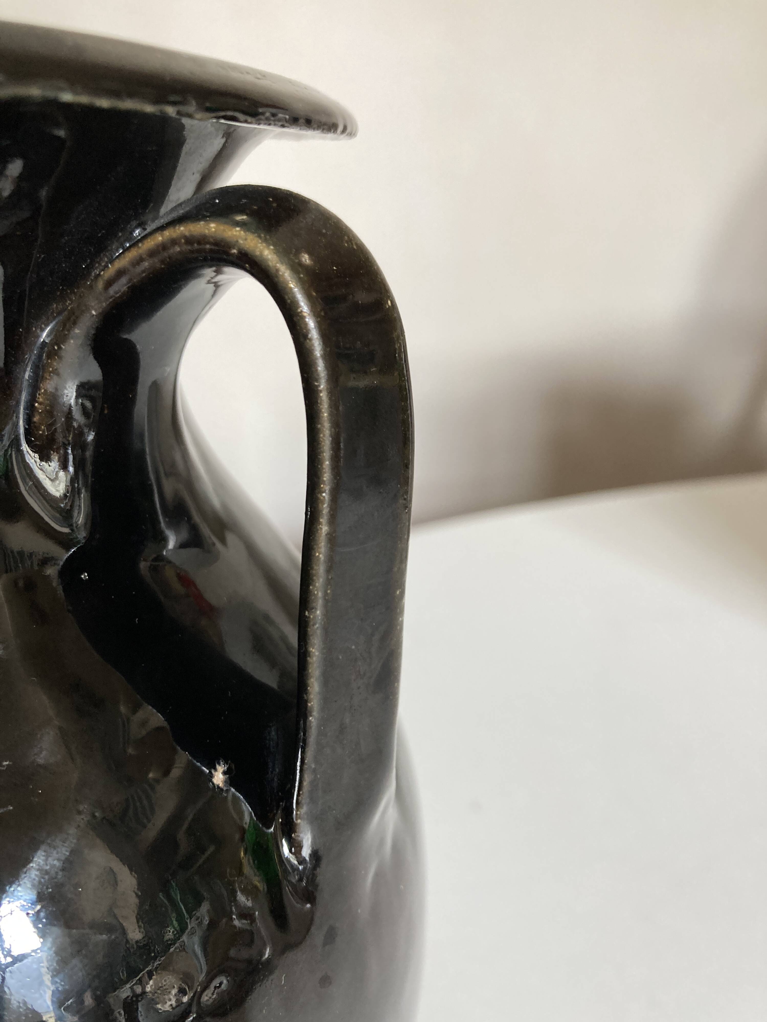 Neo-classical urn vase in black Biot glazed earth 1960