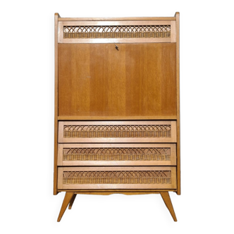 Secrétaire bureau vintage rotin 1960 pied compas