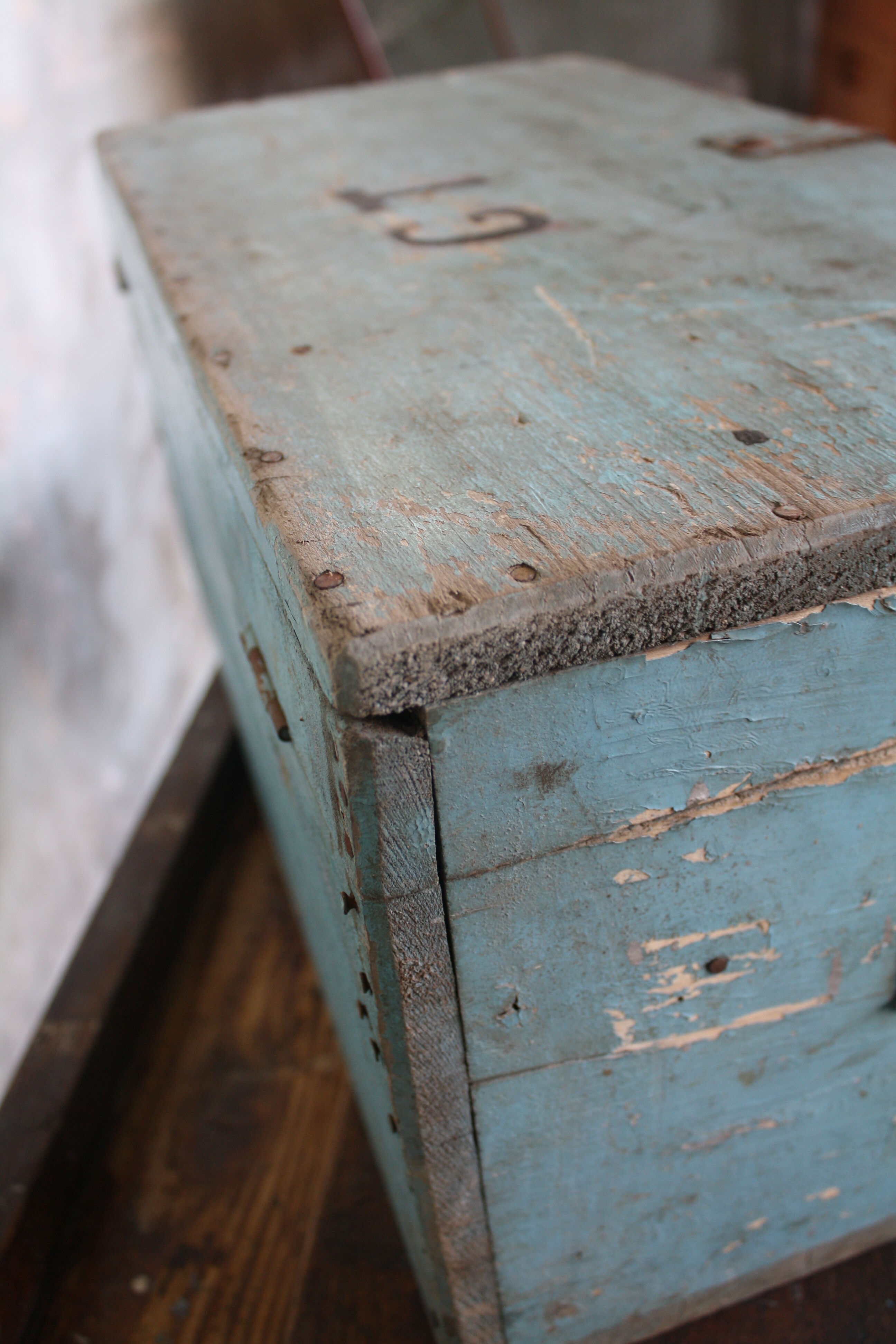 Blue vintage tool box wooden
