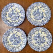 Lot de 4 assiettes vintage BP en faïence bleu à décor de scène champêtre
