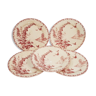 5 assiettes plates en porcelaine opaque de Gien modèle Villageois, terre de fer.