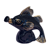 Liquor decanter in the shape of fish slurry ceramic enamelled black and vintage gold