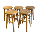 Lot of 5 solid wooden stools - 60s/70s