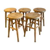 Lot of 5 solid wooden stools - 60s/70s