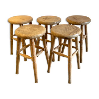 Lot of 5 solid wooden stools - 60s/70s