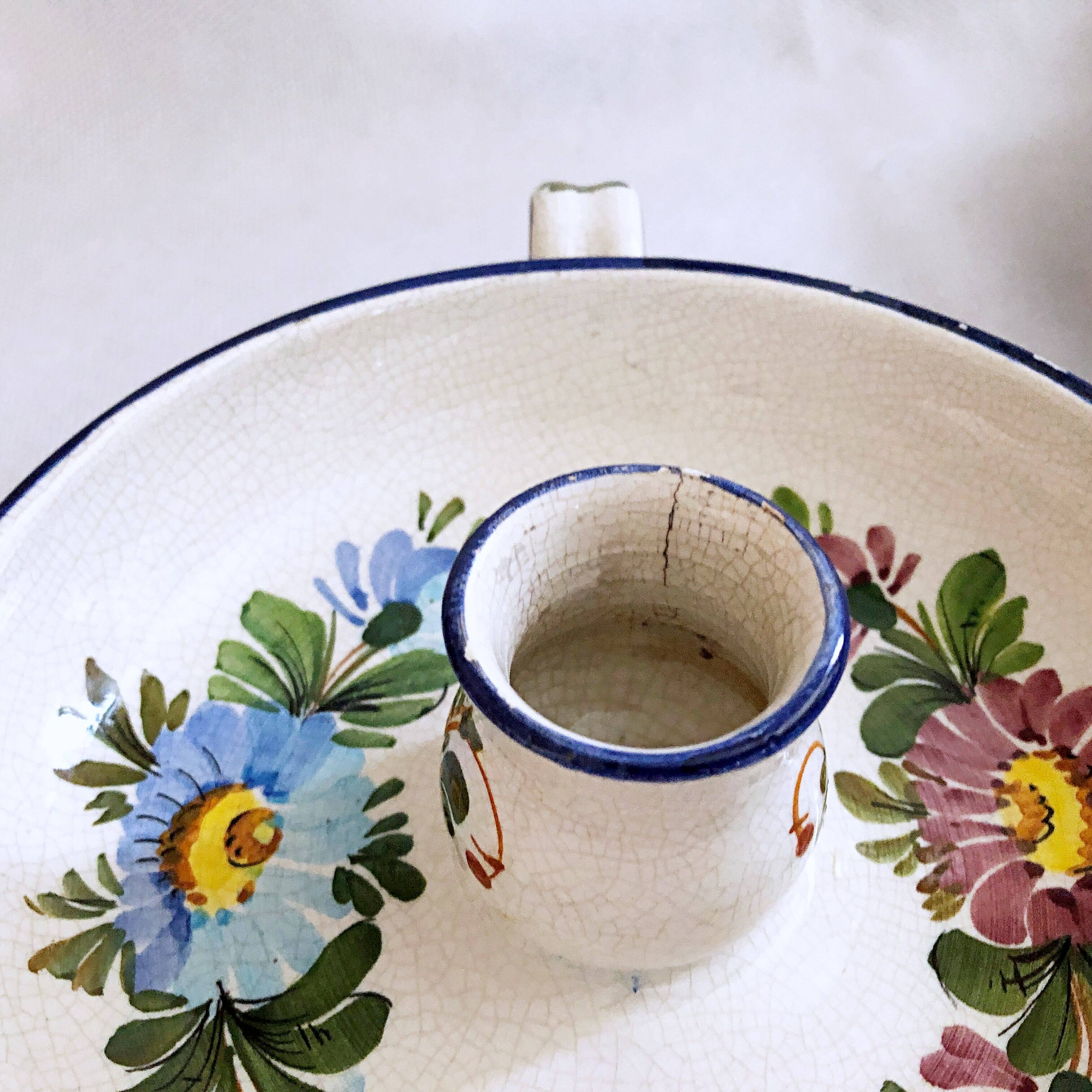Pair of handmade cracked earthenware hand candlesticks signed Bassano Italy