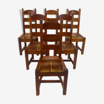 Ensemble de 6 chaises à manger en chêne brutaliste, années 1960