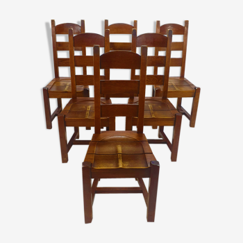 Set of 6 brutalist oak dining chairs, 1960