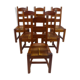 Ensemble de 6 chaises à manger en chêne brutaliste, années 1960