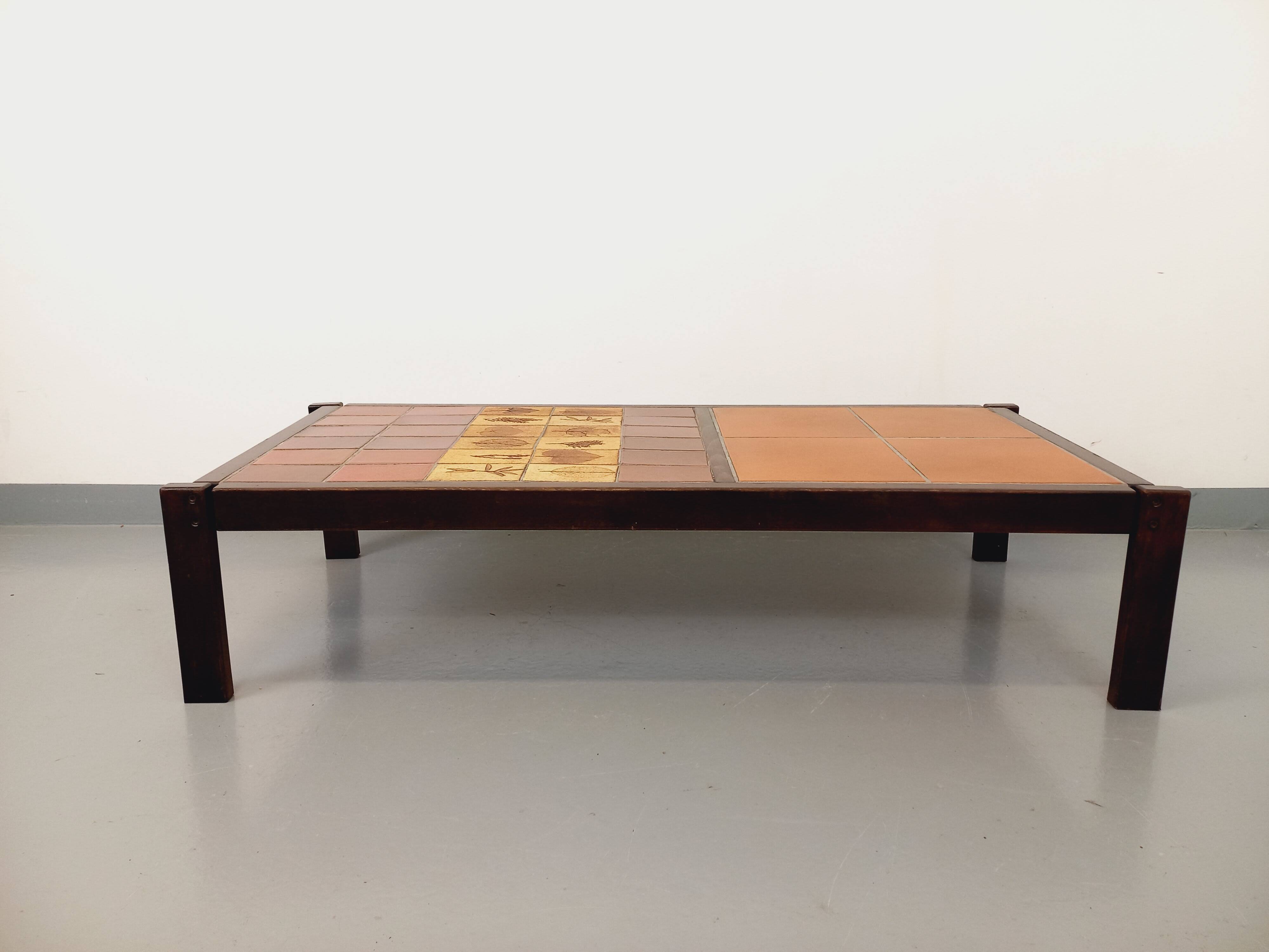 Vintage Roger Capron coffee table in dark wood and Vallauris ceramic from the 60s 70s
