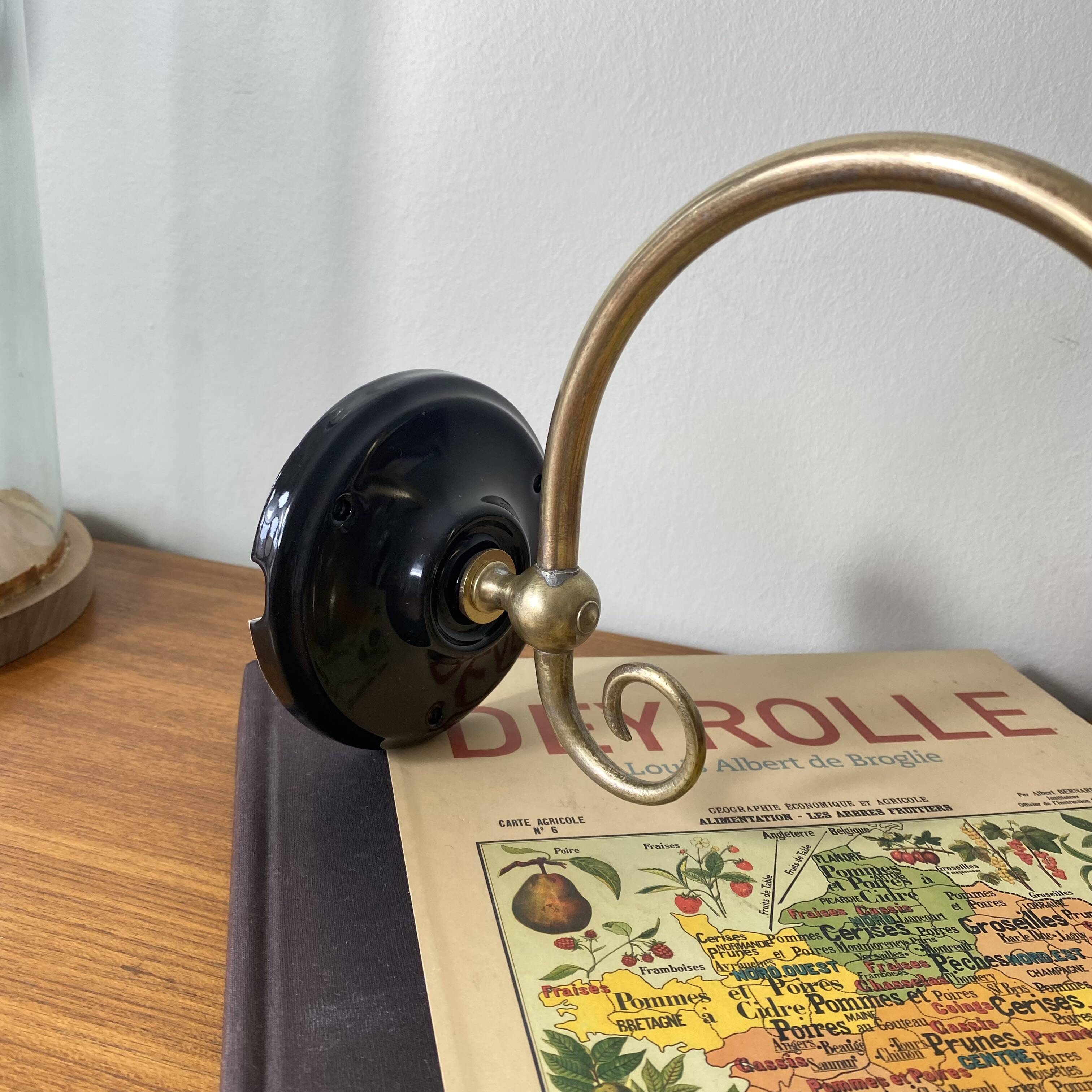 Swan neck wall light in brass with glass tulip.