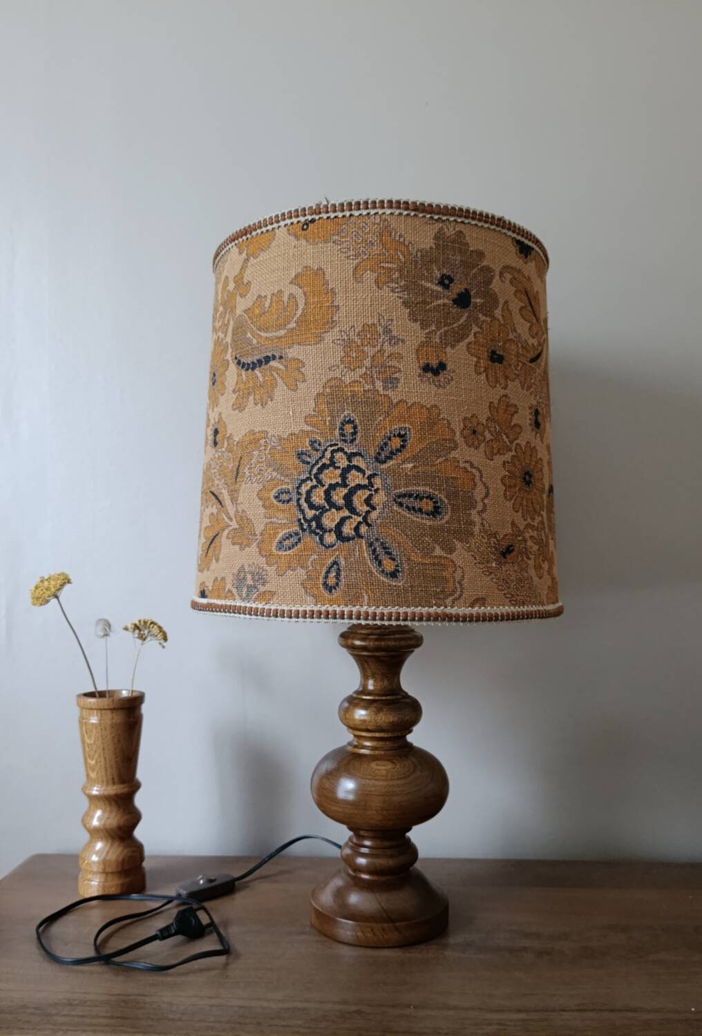 turned wooden lamp with a jute floral shade, authentic sixties