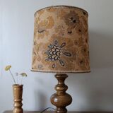 turned wooden lamp with a jute floral shade, authentic sixties