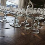 Set of 6 vintage glass champagne glasses with grape cluster filigree