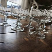 Set of 6 vintage glass champagne glasses with grape cluster filigree