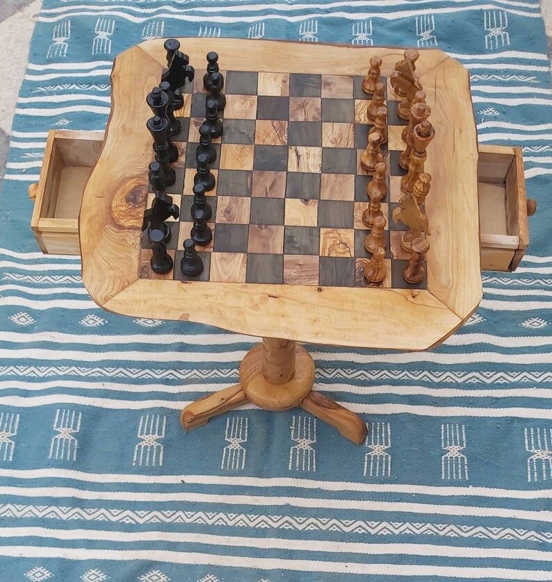 Rustic chess table in olive wood chess game 17.7 "with 32 pieces of craft chess