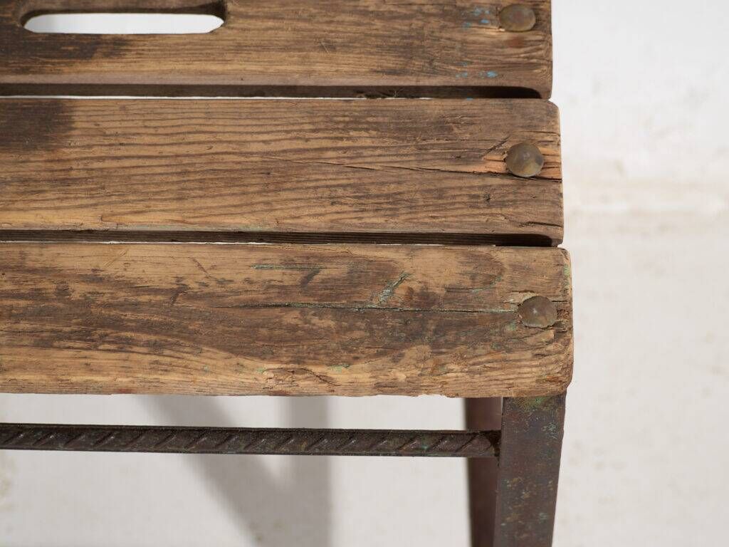 Vintage industrial stool made of pine wood and iron – Central Europe, around 1950