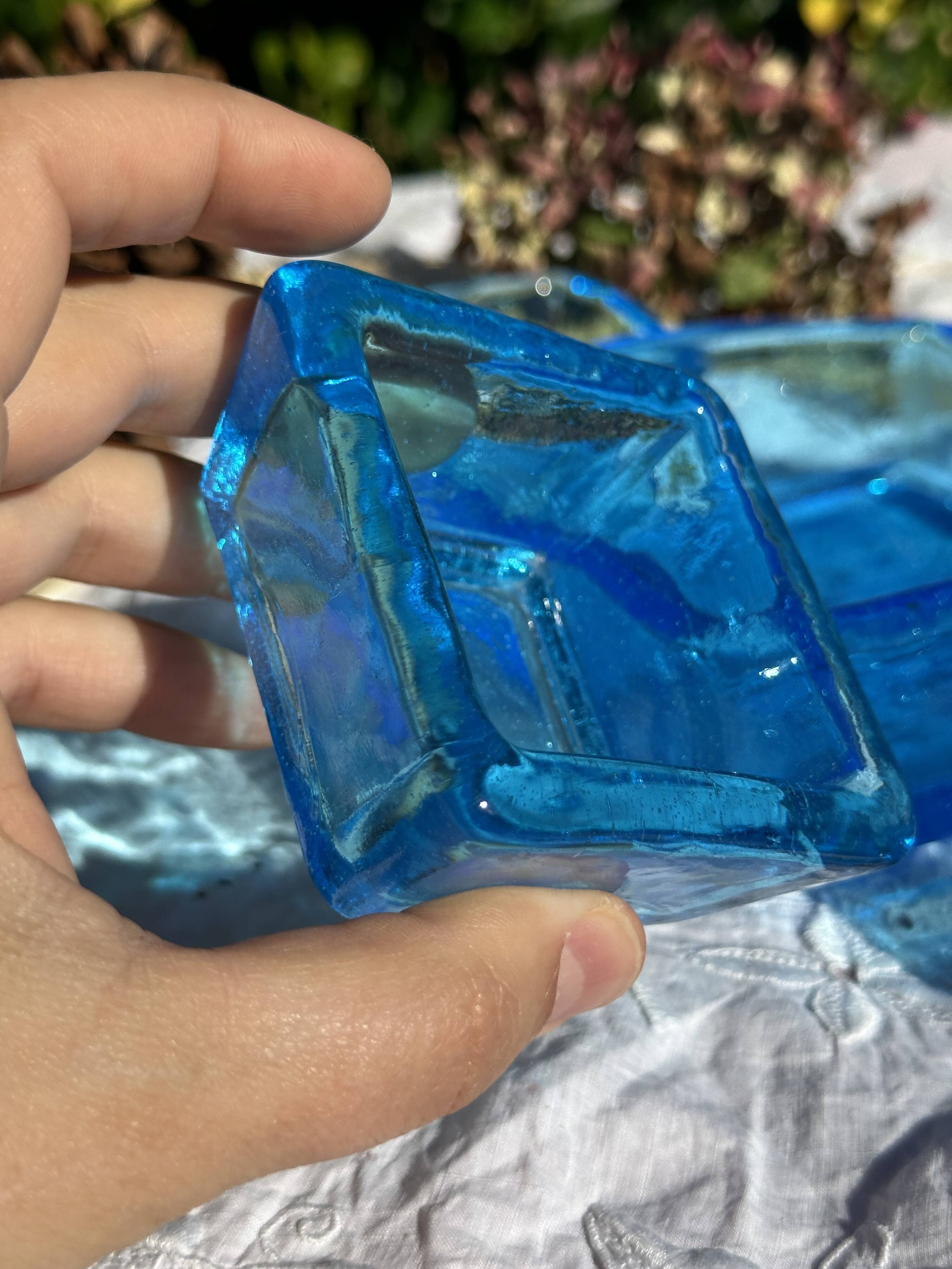 Adorable Vintage Turquoise Blue Glass Square Ashtrays and Trays