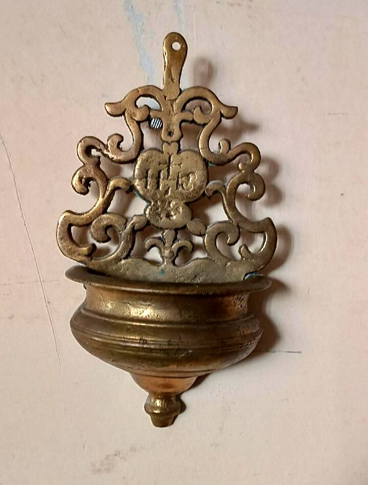 19th century antique holy water font brass bronze IHS