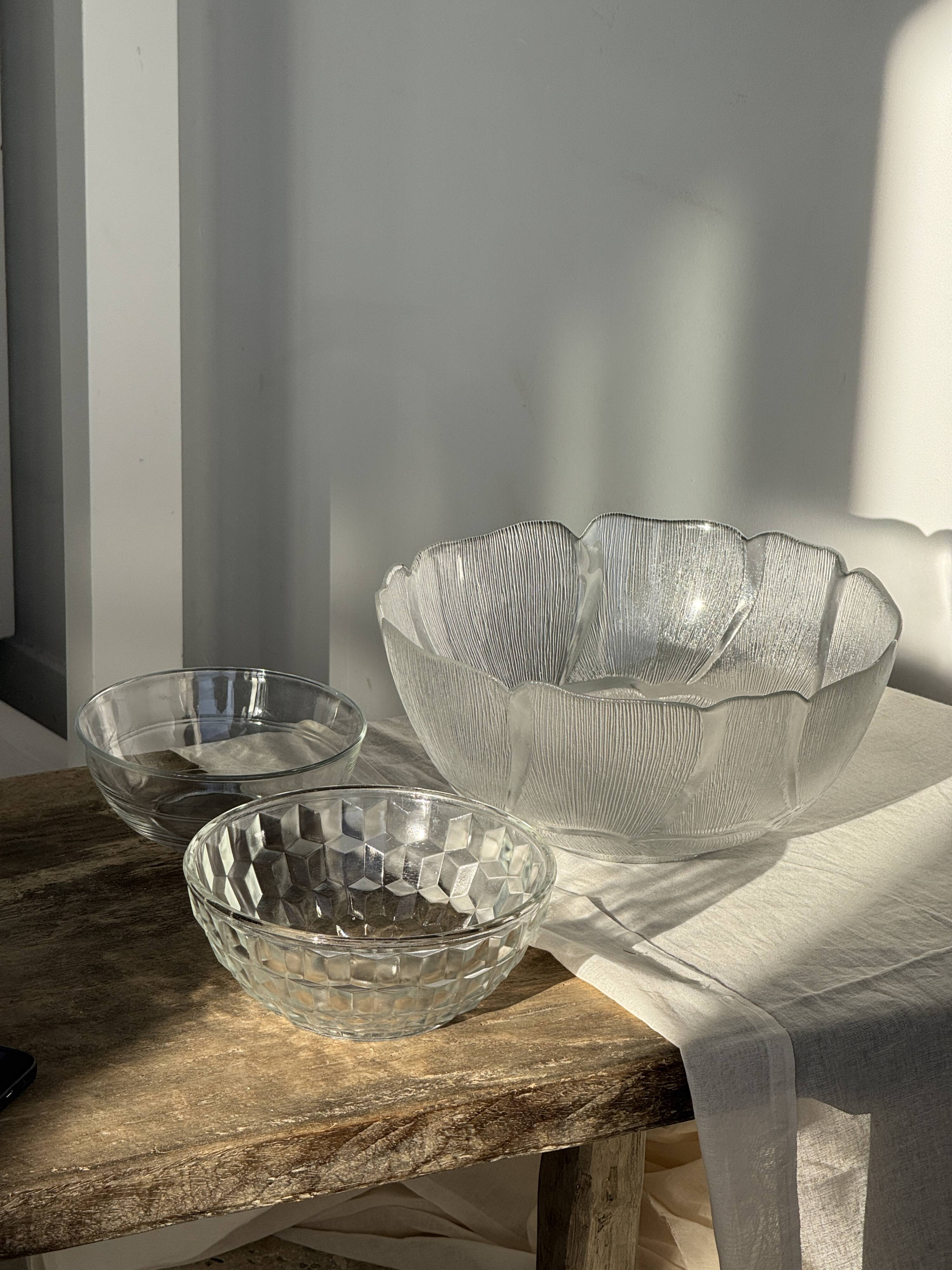 Small vintage glass bowl with a cube pattern.