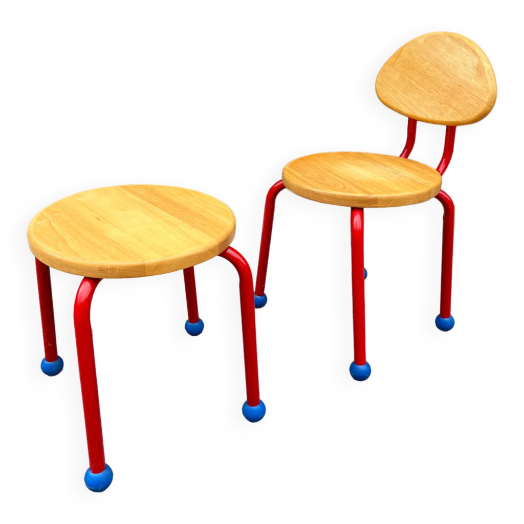 IKEA 90s wooden and metal children's chair and stool | Selency