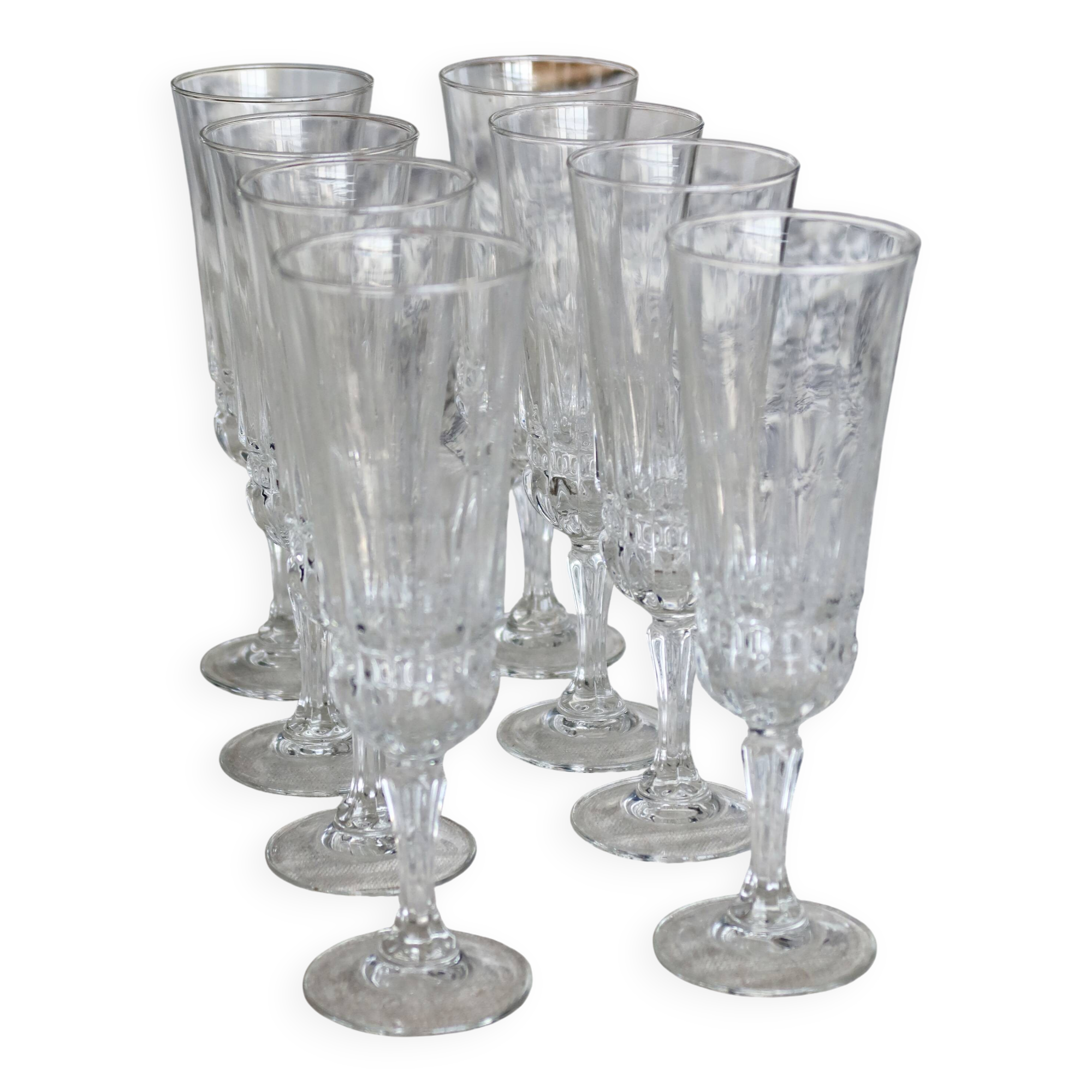 8 vintage pressed glass champagne glasses