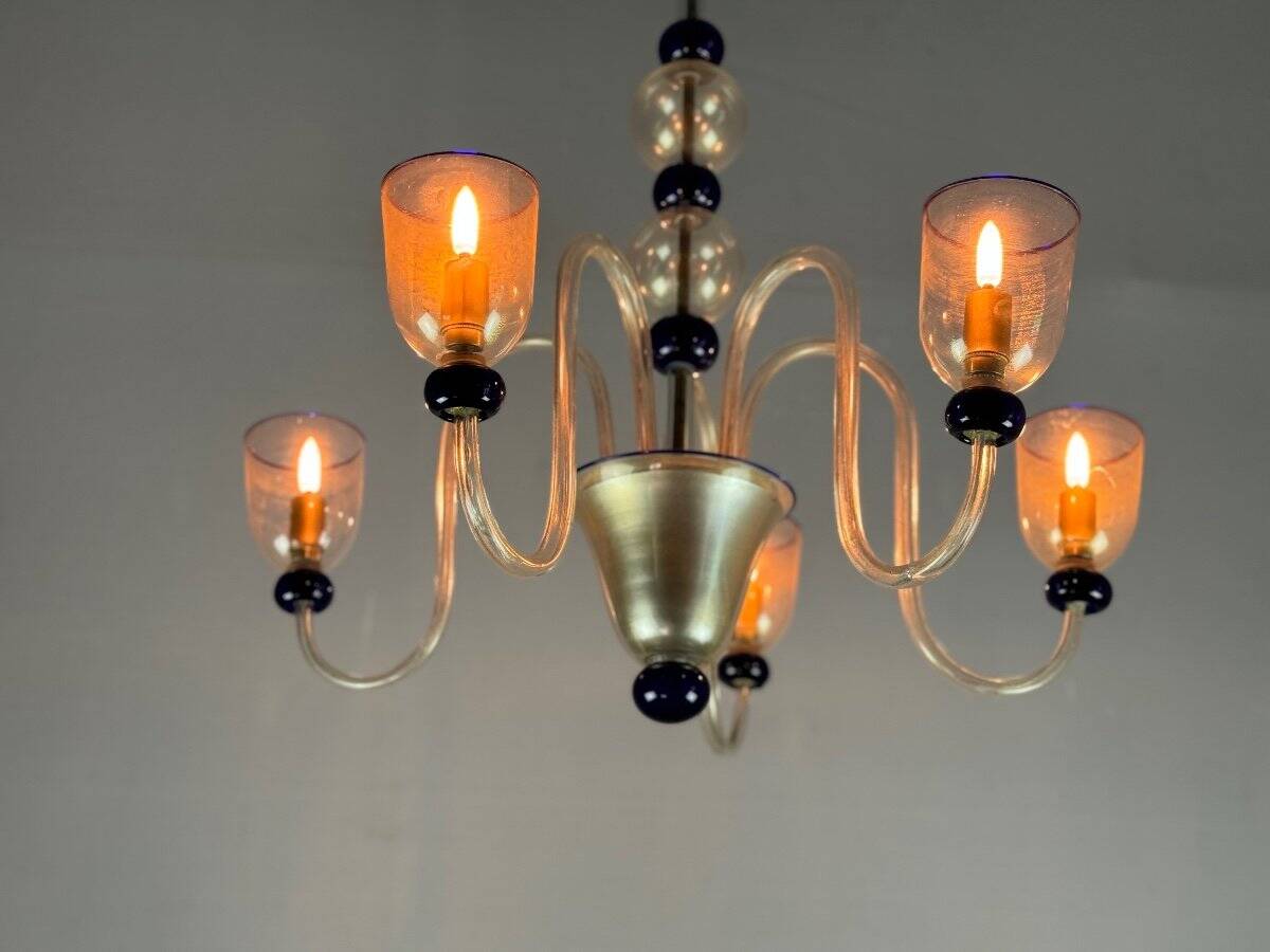 Venetian chandelier in gold and dark blue Murano glass, 5 light arms, circa 1960