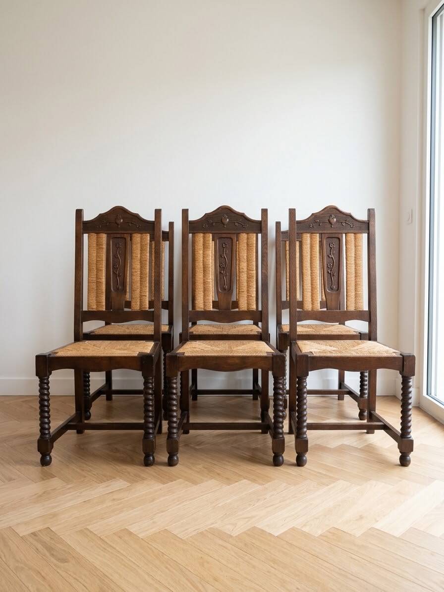 Set of 6 Basque-style wooden dining chairs.