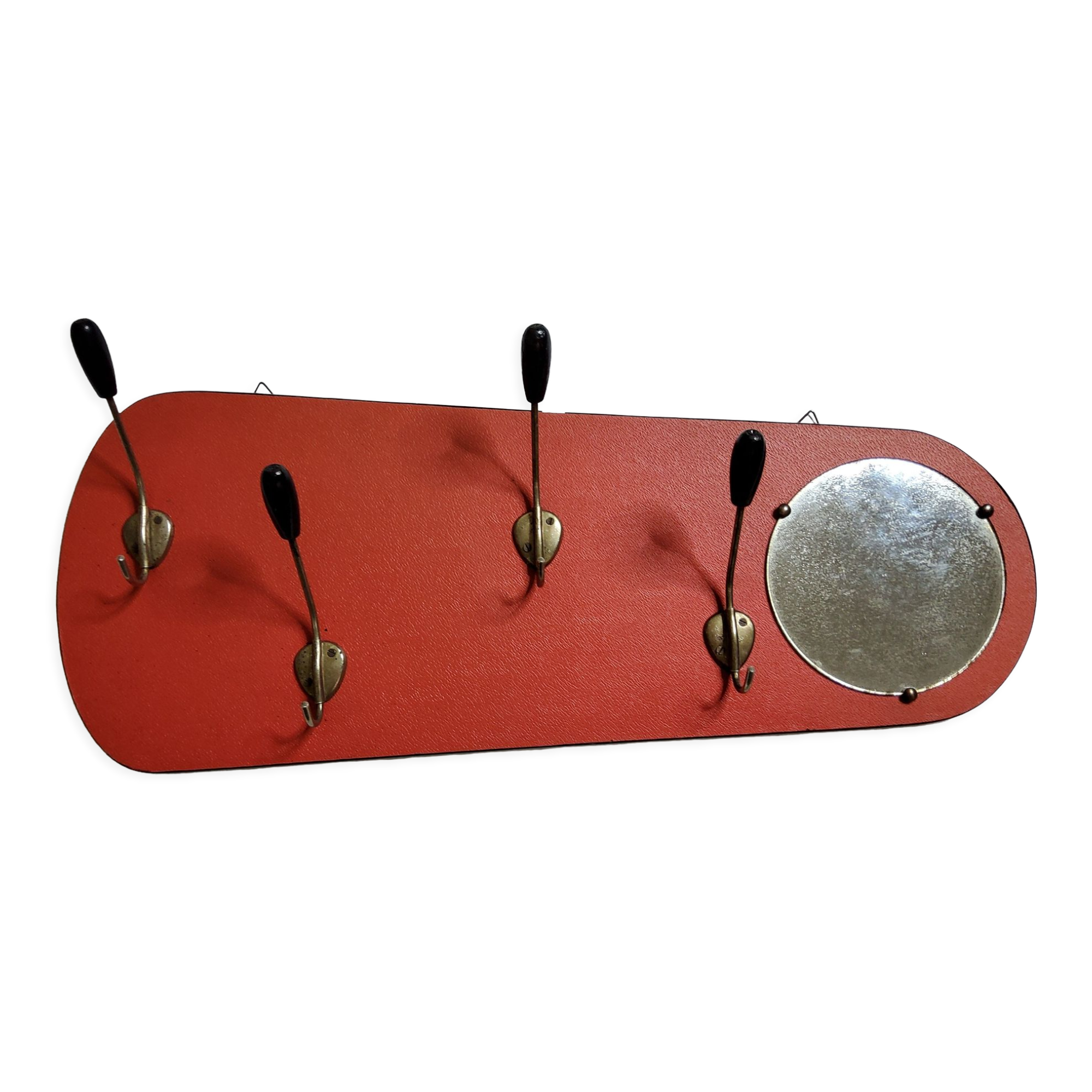 Vintage wall coat rack with round mirror, 4 hooks, 68 cm