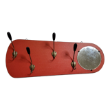 Vintage wall coat rack with round mirror, 4 hooks, 68 cm