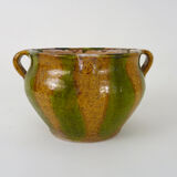 Glazed terracotta pot with 4 yellow and green handles. Flower pot