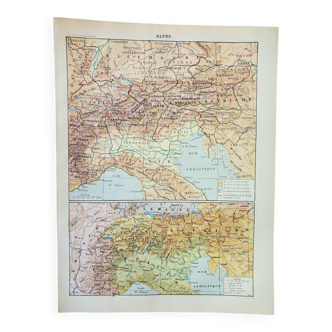 Gravure • Alpes, carte, montagne • Lithographie originale et vintage de 1898